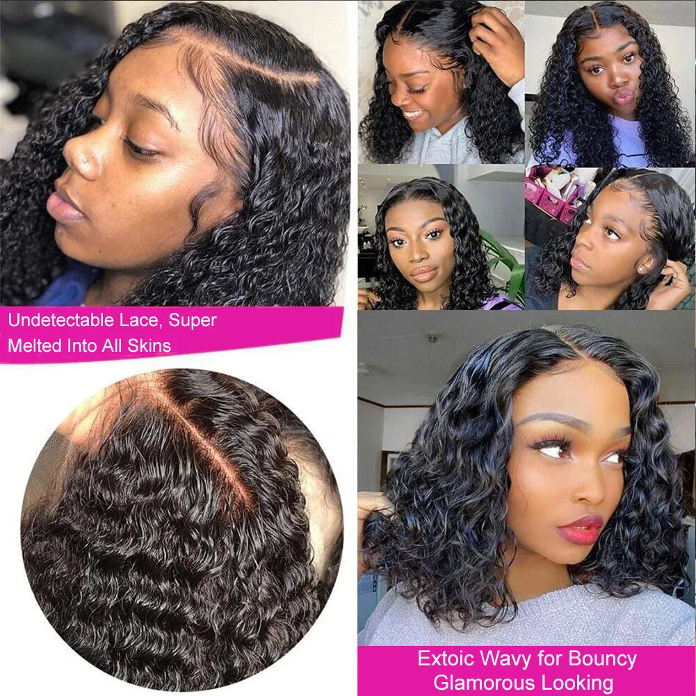 Brazilian Deep Water Wave Curly Short Bob 13x4 Lace Frontal Human Hair 200% HD Transparent Lace Front 4x4 Closure Wig For Women