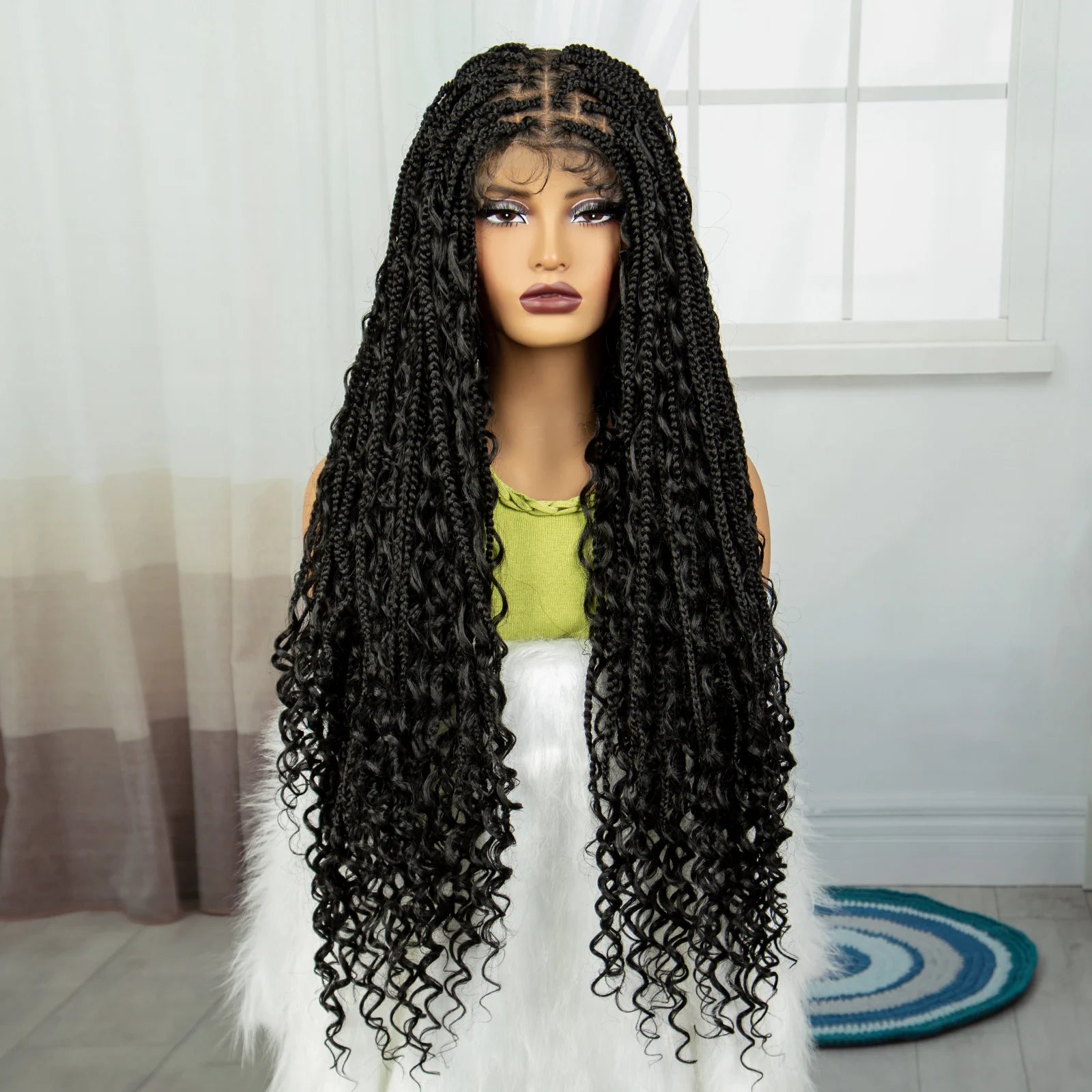 32" Knotless Box Boho Braided Wigs With Curly Ends Synthetic Full Lace Bohemian Braided Lace Wig with Baby Hair for Black Women