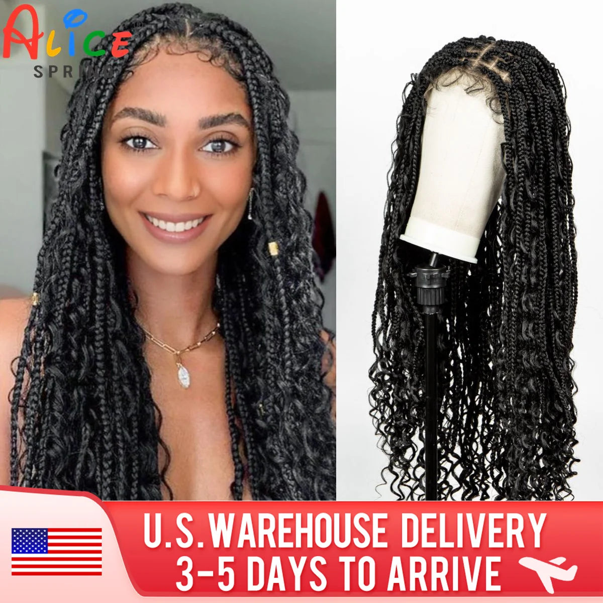 32" Knotless Box Boho Braided Wigs With Curly Ends Synthetic Full Lace Bohemian Braided Lace Wig with Baby Hair for Black Women