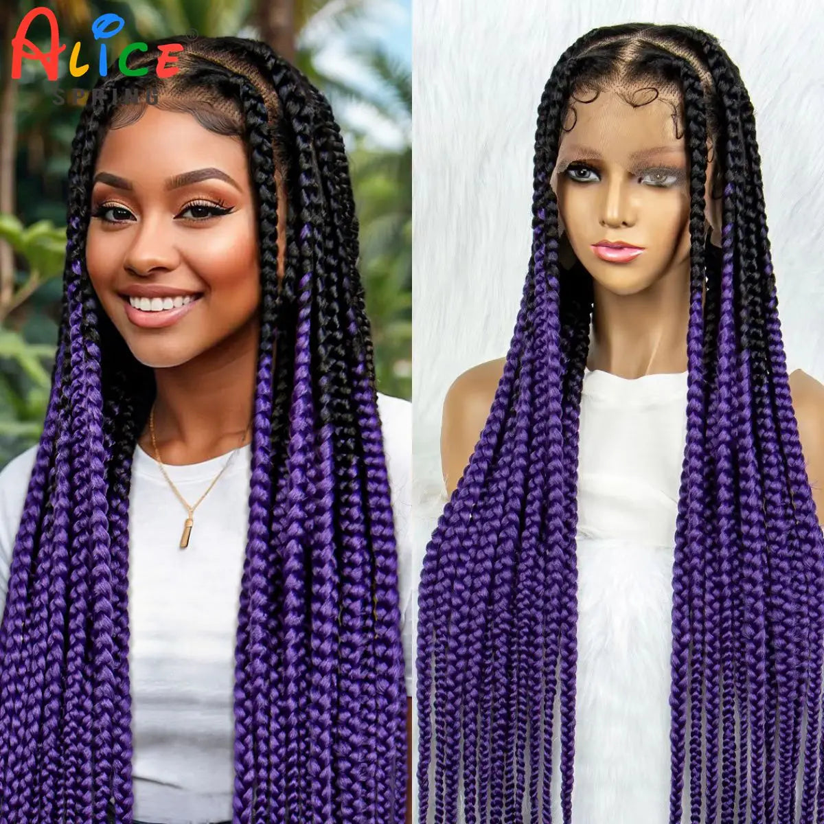 36inch Purple Knotless Box Braided Wigs Synthetic Transparent Full Lace Braids Wig For  Women Braided Lace Wig with Baby Hair