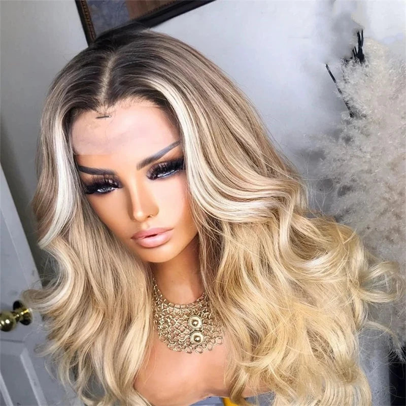 Ash Blonde Human Hair Wigs Natural wave HD Transparent Lace Brown Roots Ombre Pre Plucked Blonde HD Lace Frontal Wig Human Hair