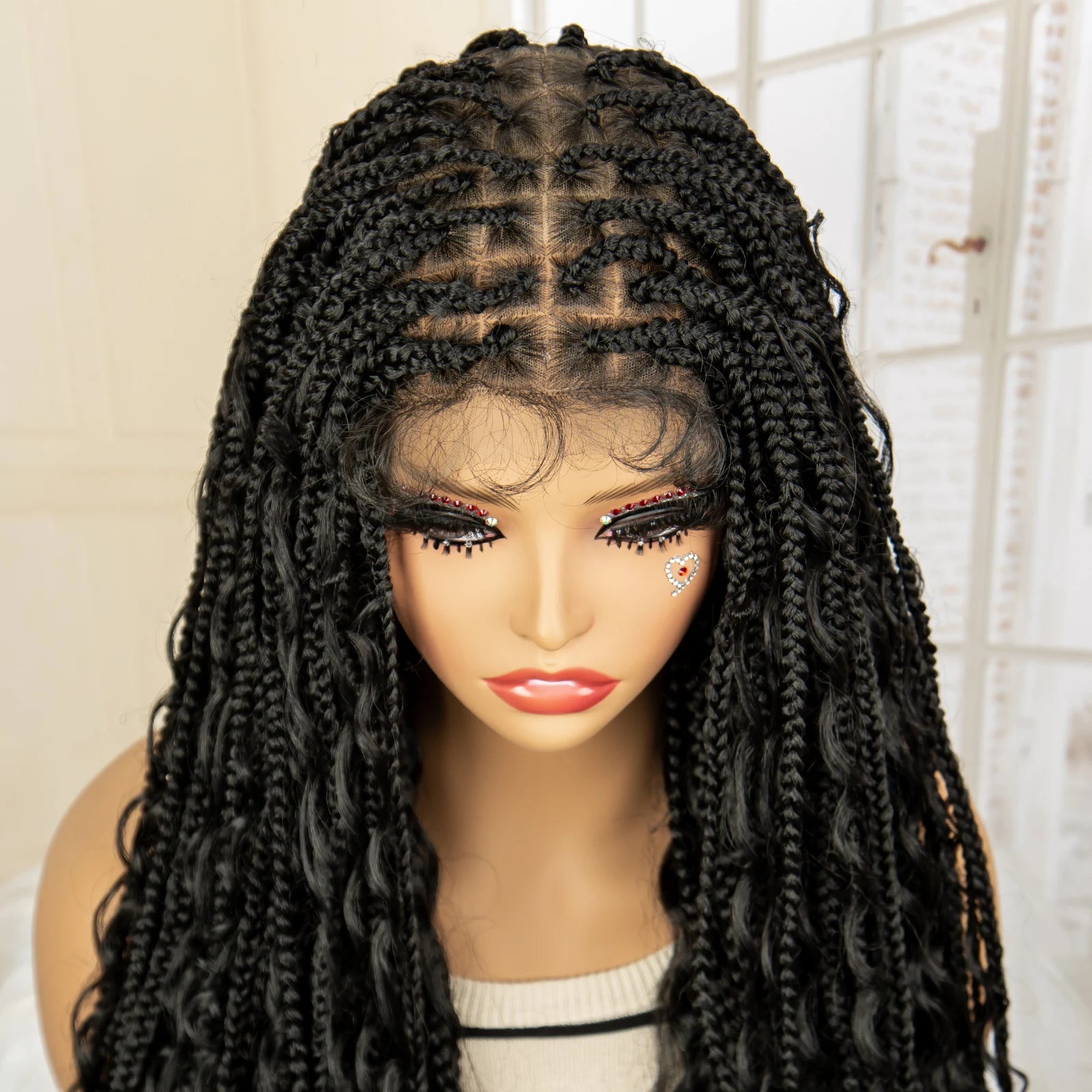 32 Inch Long Curly Braided Wigs Box Braiding Wig with Baby Hair Full Lace Frontal Wig Curly Wig with Braids for Women Daily Use