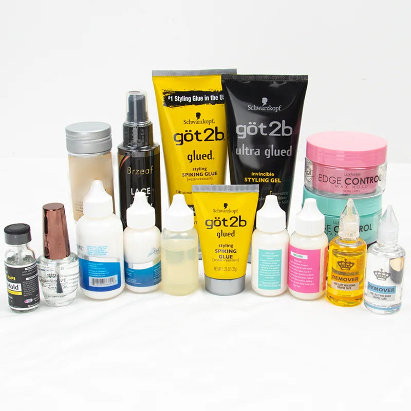 Complete Hair Care Set: Lace Tint Mousse, Melting Spray, Edge Control Gel, Hair Wax, and Wig Installation Gel.