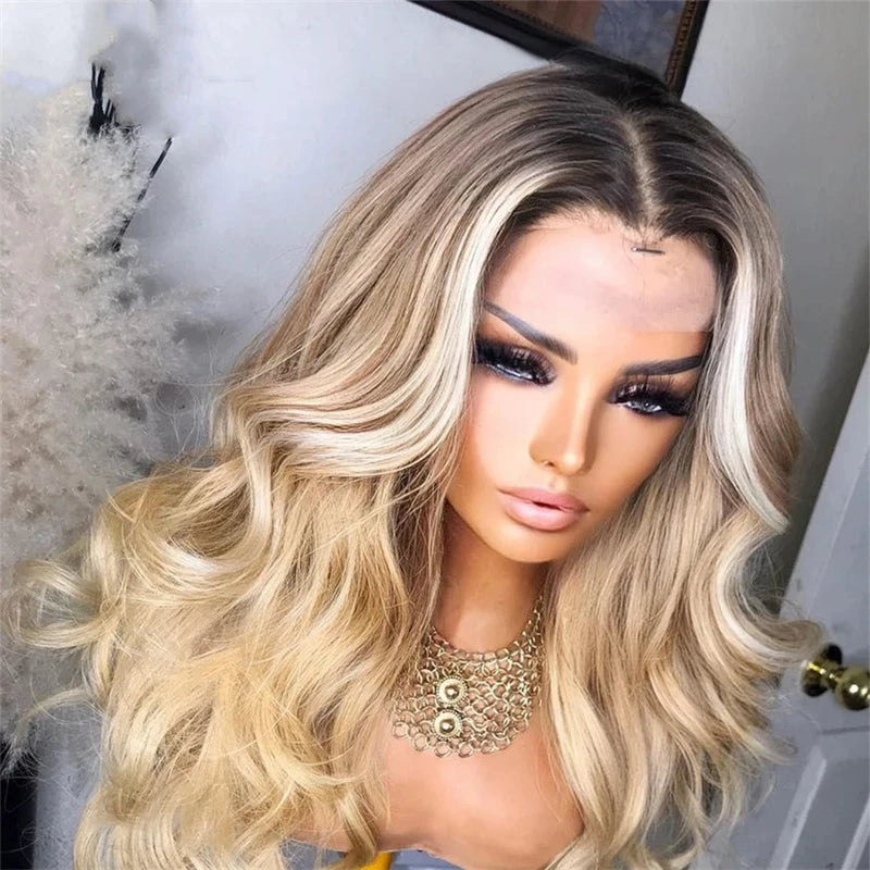 Ash Blonde Human Hair Wigs Natural wave HD Transparent Lace Brown Roots Ombre Pre Plucked Blonde HD Lace Frontal Wig Human Hair