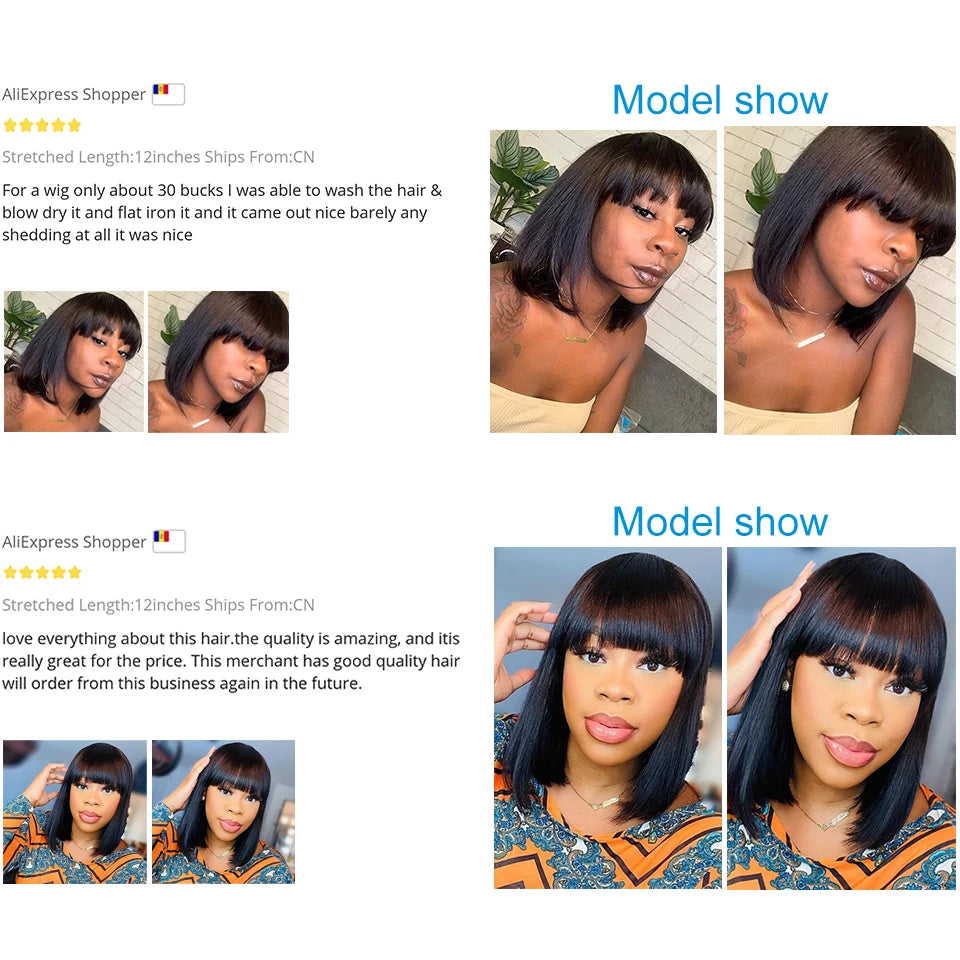 Remy Brazilian Hair Wig: Straight Bob with Bangs