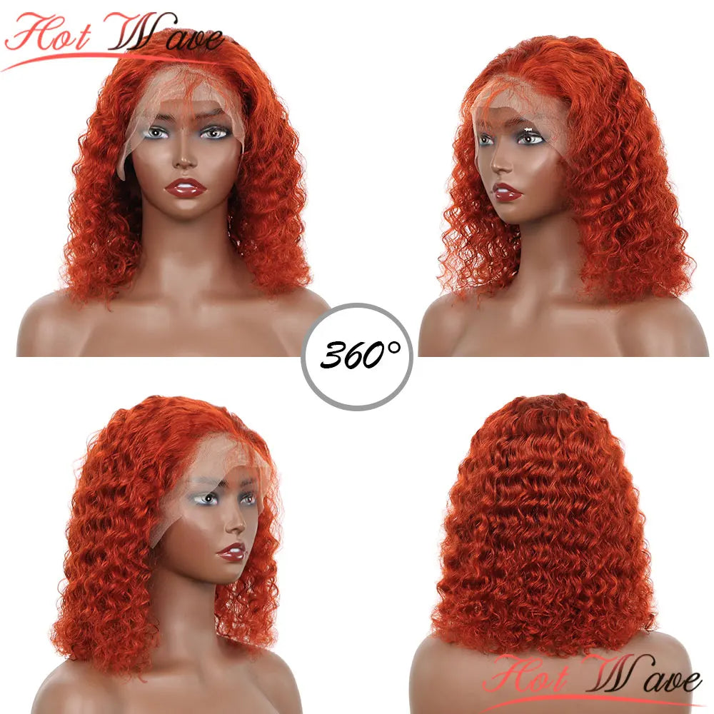 Orange Brown 13X4 Deep Wave Lace Frontal Wig 12Inch Short Bob Curly Human Hair Wigs PrePlucked Ginger Orange Wig 180%