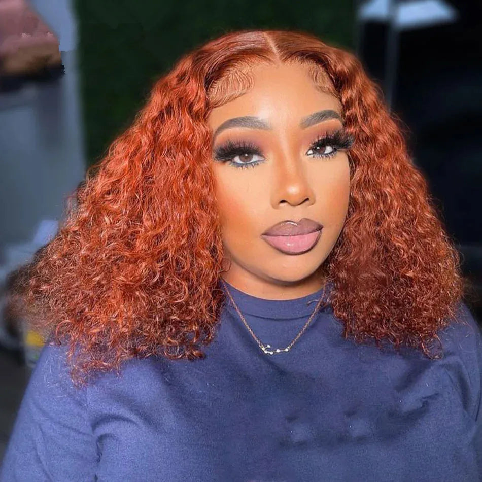 Orange Brown 13X4 Deep Wave Lace Frontal Wig 12Inch Short Bob Curly Human Hair Wigs PrePlucked Ginger Orange Wig 180%