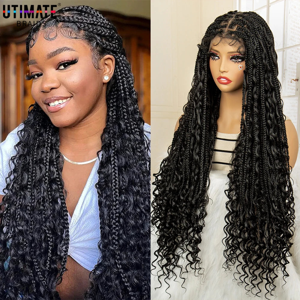 32 Inch Long Curly Braided Wigs Box Braiding Wig with Baby Hair Full Lace Frontal Wig Curly Wig with Braids for Women Daily Use