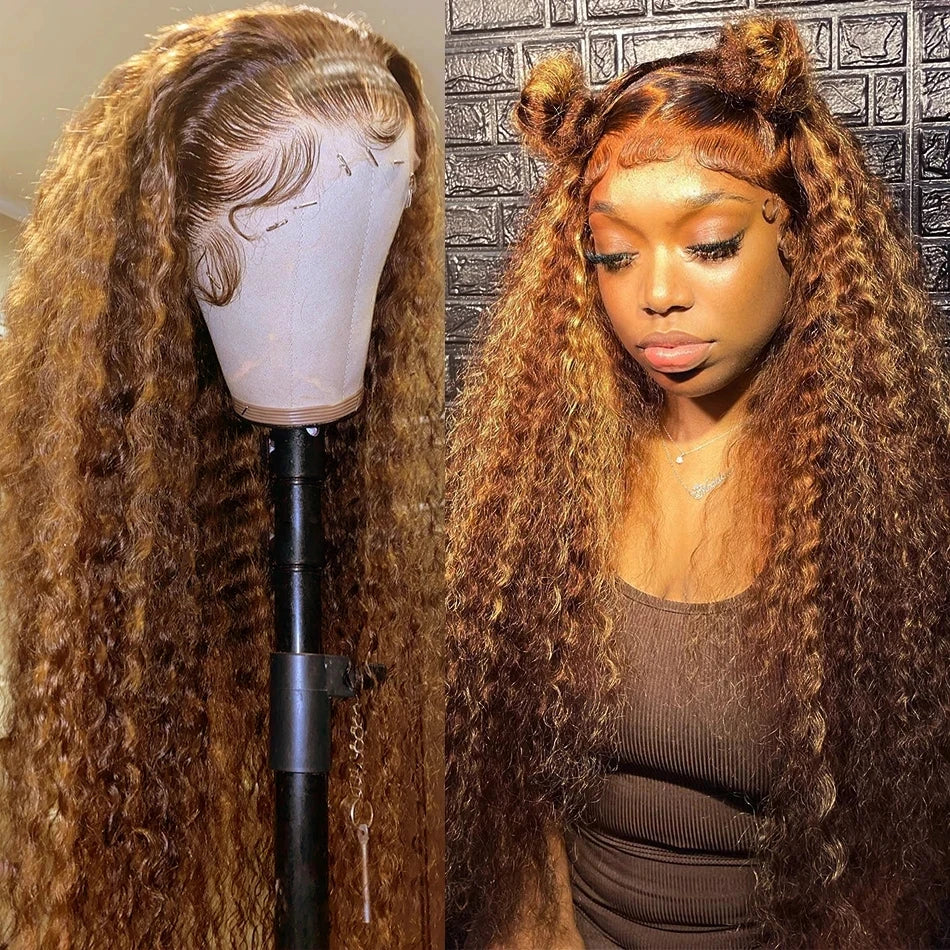 Honey Blonde Highlight Ombre Lace Front Wig: Curly, 30-34 Inch