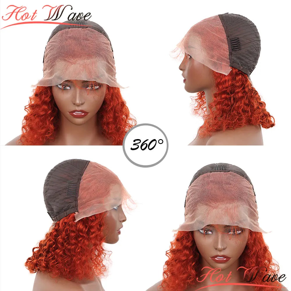 Orange Brown 13X4 Deep Wave Lace Frontal Wig 12Inch Short Bob Curly Human Hair Wigs PrePlucked Ginger Orange Wig 180%