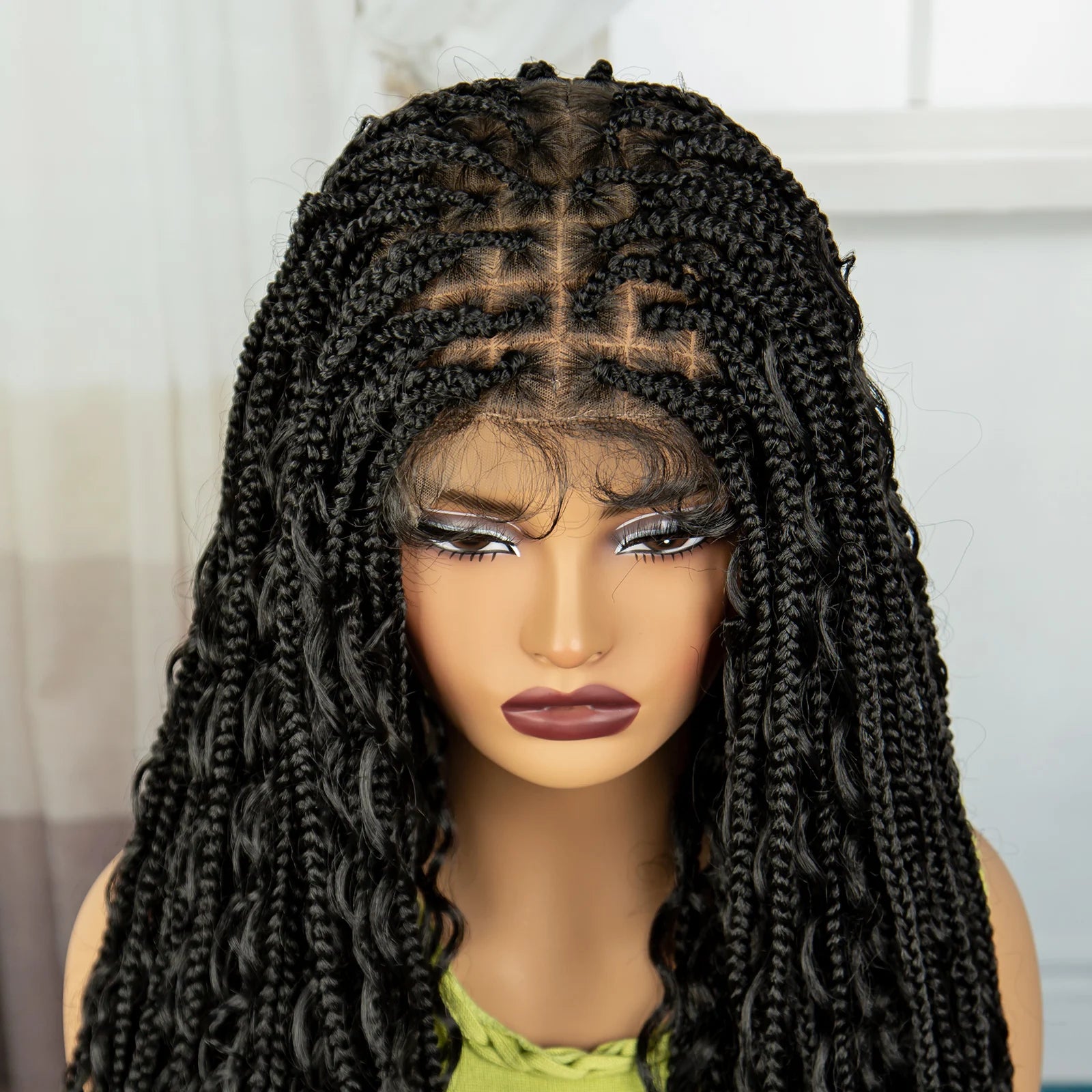 32" Knotless Box Boho Braided Wigs With Curly Ends Synthetic Full Lace Bohemian Braided Lace Wig with Baby Hair for Black Women