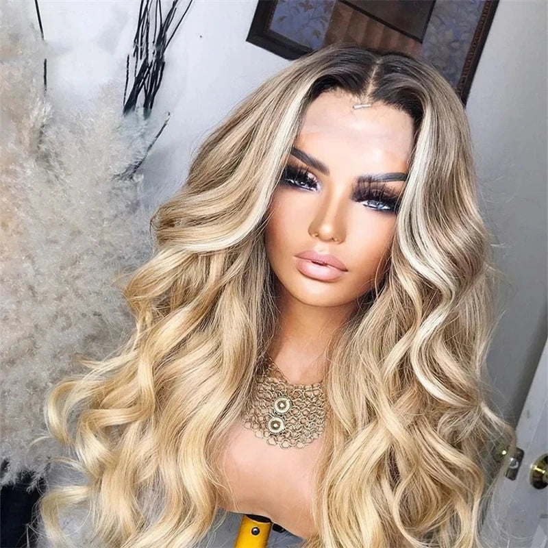 Ash Blonde Human Hair Wigs Natural wave HD Transparent Lace Brown Roots Ombre Pre Plucked Blonde HD Lace Frontal Wig Human Hair