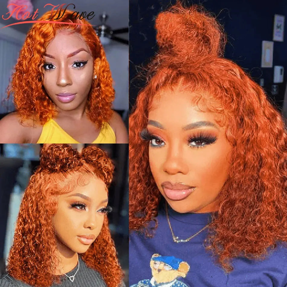 Orange Brown 13X4 Deep Wave Lace Frontal Wig 12Inch Short Bob Curly Human Hair Wigs PrePlucked Ginger Orange Wig 180%