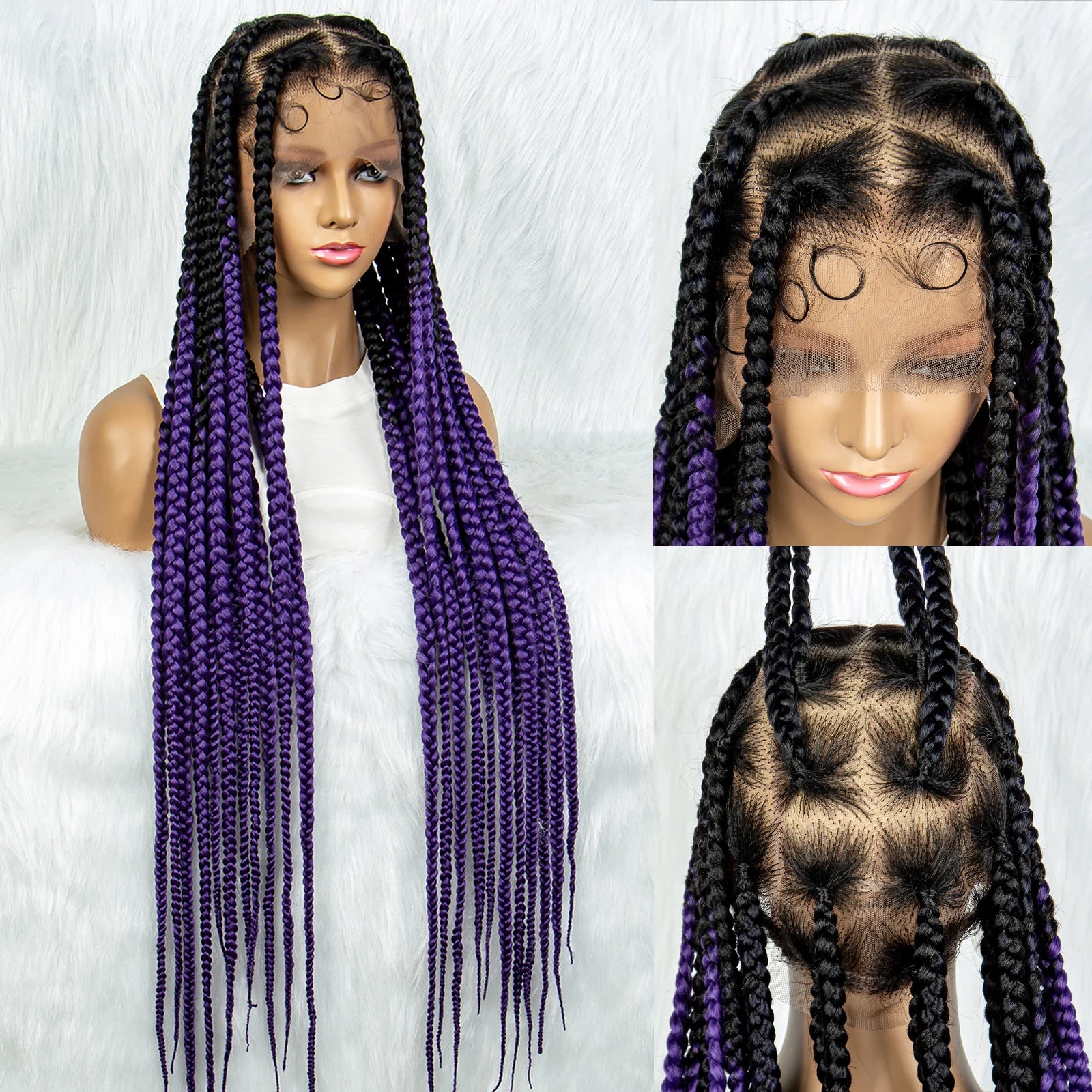 36inch Purple Knotless Box Braided Wigs Synthetic Transparent Full Lace Braids Wig For  Women Braided Lace Wig with Baby Hair