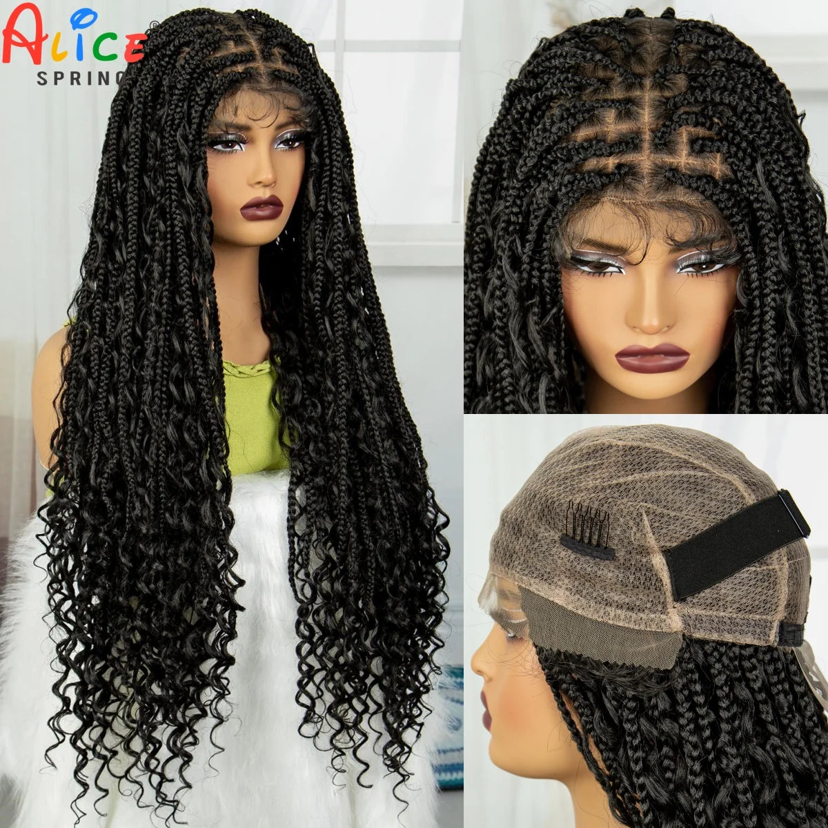 32" Knotless Box Boho Braided Wigs With Curly Ends Synthetic Full Lace Bohemian Braided Lace Wig with Baby Hair for Black Women