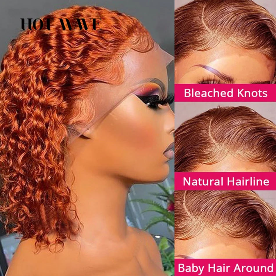 Orange Brown 13X4 Deep Wave Lace Frontal Wig 12Inch Short Bob Curly Human Hair Wigs PrePlucked Ginger Orange Wig 180%