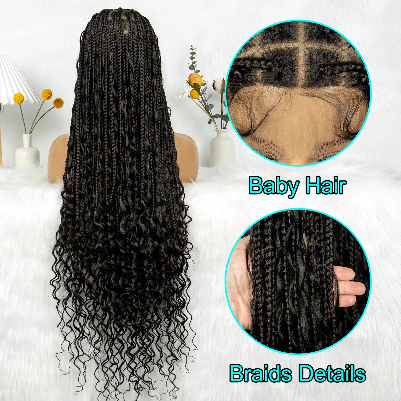 KIMA Synthetic Boho Braided Wigs Full Lace Knotless Bohemian Box Braids Wig Full Lace Goddess Locs Wigs with Curly Ends