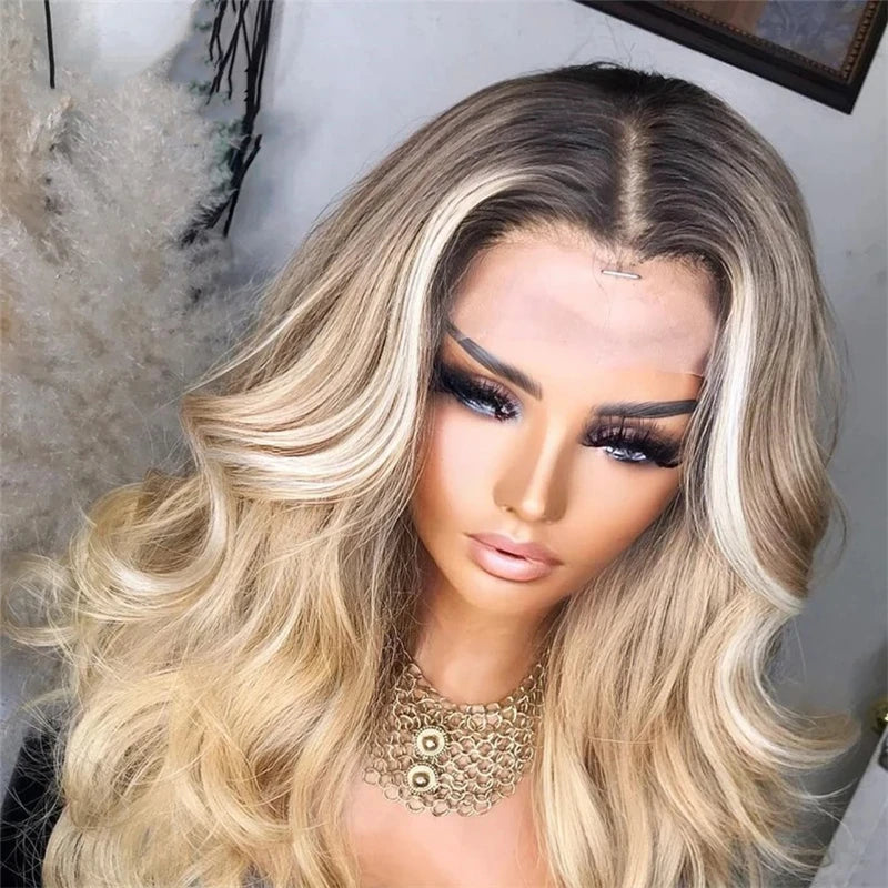 Ash Blonde Human Hair Wigs Natural wave HD Transparent Lace Brown Roots Ombre Pre Plucked Blonde HD Lace Frontal Wig Human Hair